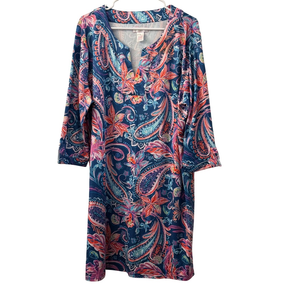 Stella Parker Collection XL Blue Pink Paisley Floral 3/4‎ Sleeve Tunic Dress